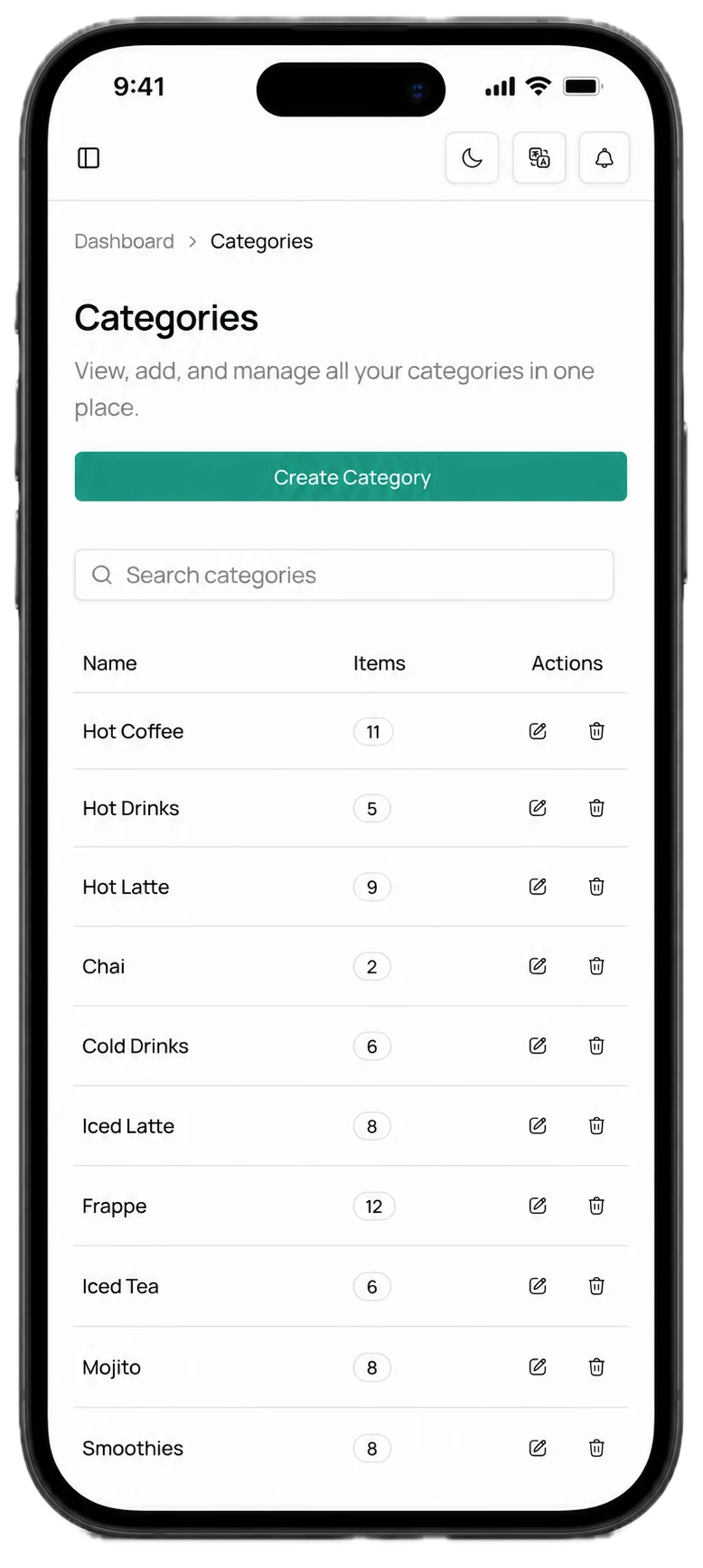 Tapmenu CMS showing AI-powered category and menu management interface